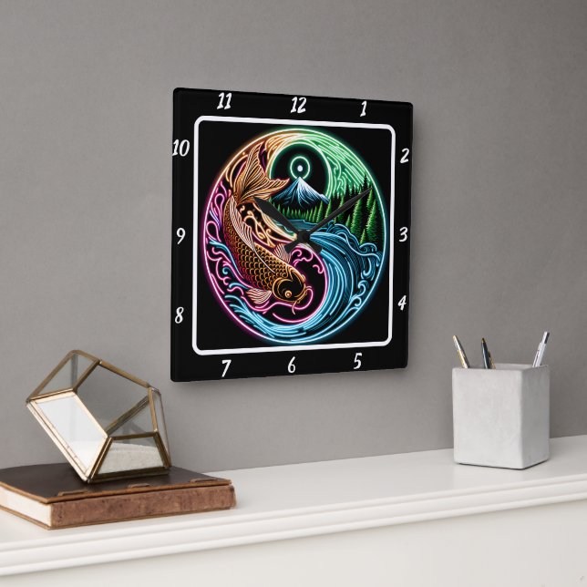 Neon Radiant Koi Gold Fish Reflection Square Wall Clock (Office)