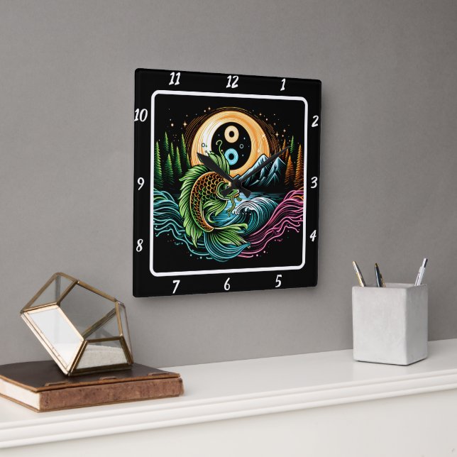 Neon Radiant Koi Gold Fish Tranquillity Square Wall Clock (Office)