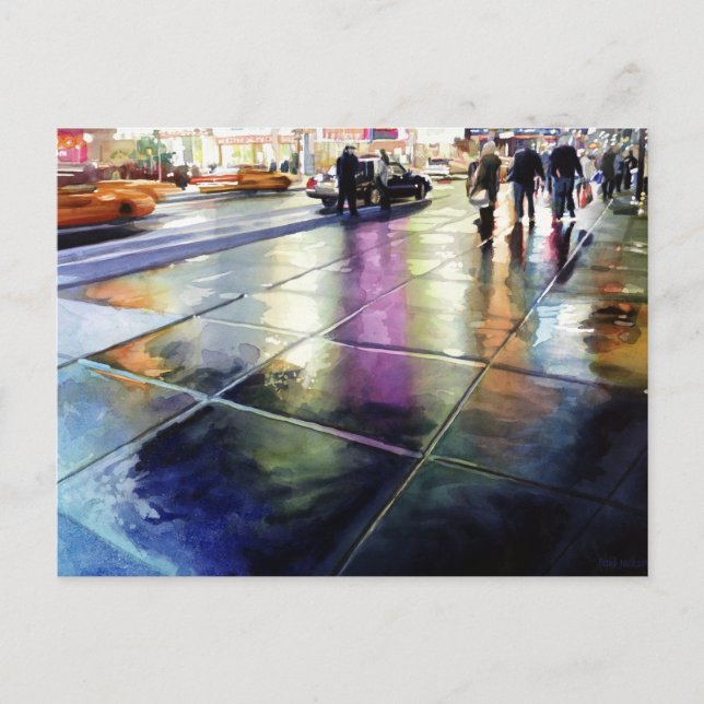 "Neon Rain" New York Watercolor Postcard (Front)