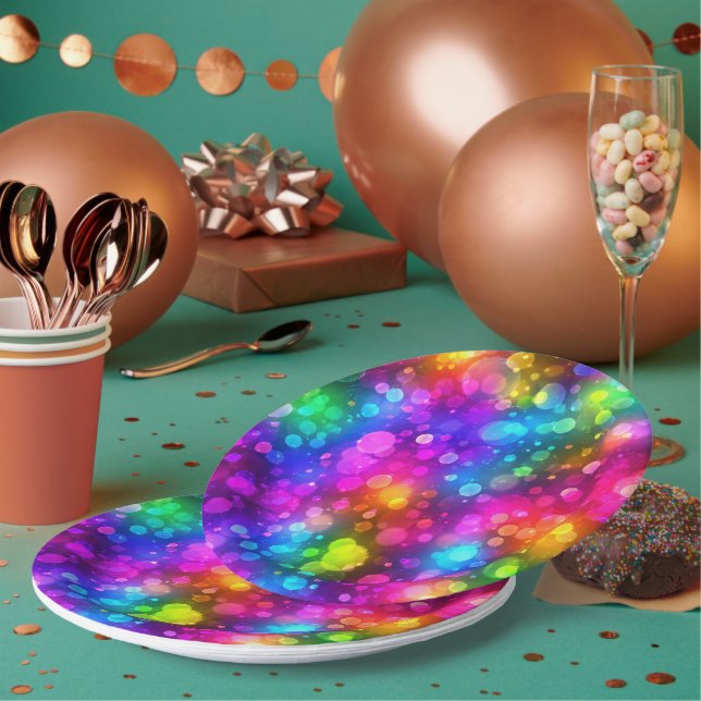 Neon Rainbow Bokeh Lights Abstract Paper Plate (Multi)