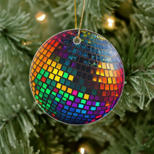 Neon Rainbow Disco Ball Ceramic Ornament