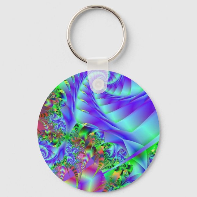 Neon Rainbow Fractal Art Key Ring (Front)