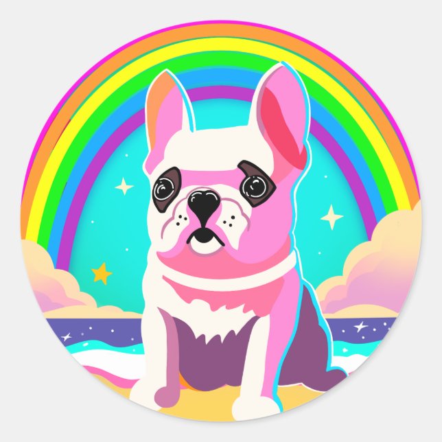 Neon Rainbow Frenchie Retro Birthday Classic Round Sticker (Front)