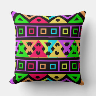 Neon Rainbow Geometric Pattern on Black Cushion
