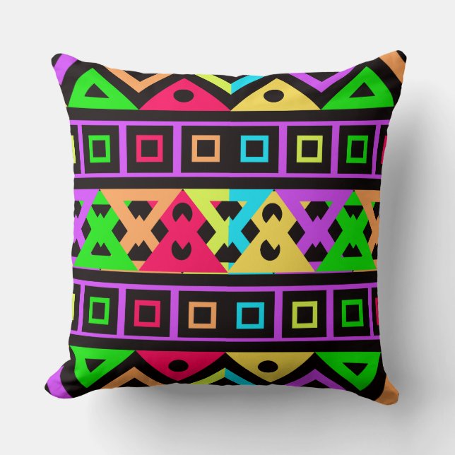 Neon Rainbow Geometric Pattern on Black Cushion (Front)