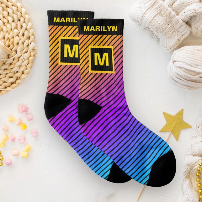 Neon Rainbow Gradient Stripes Name and Monogram Socks (Creator Uploaded)