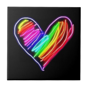 Neon Rainbow Heart T-Shirt Love Pride LGBQT Rally Ceramic Tile
