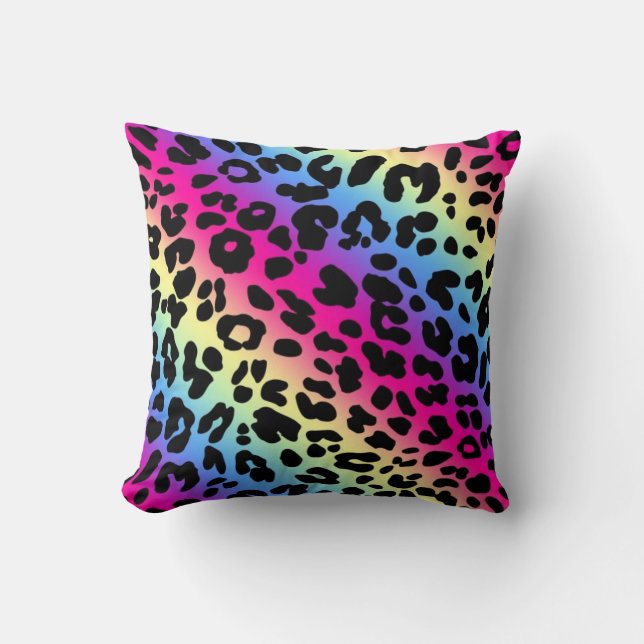 Neon Rainbow Leopard Pattern Print Cushion (Front)