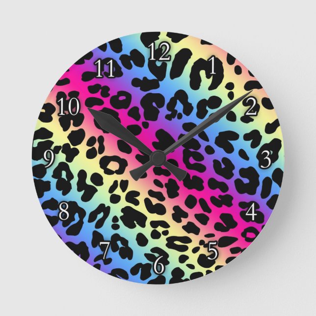 Neon Rainbow Leopard Pattern Print Round Clock (Front)