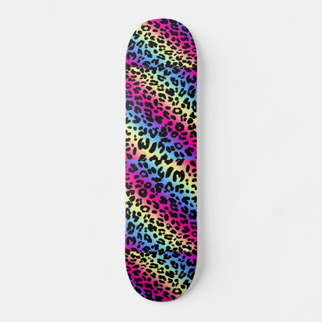 Neon Rainbow Leopard Pattern Print Skateboard (Front)