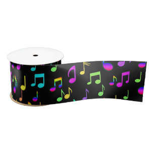 Neon Rainbow Musical Notes On Black Satin Ribbon