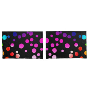 Neon Rainbow Polka Dots On Black Pillowcase