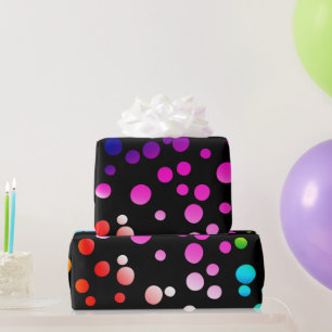 Neon Rainbow Polka Dots on Black Wrapping Paper