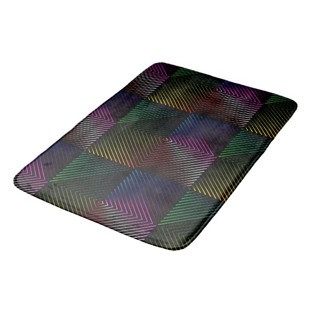 Neon Rainbow Prism Squares On Black Bath Mat (Angled)