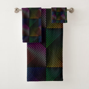 Neon Rainbow Prism Squares On Black Bath Towel Set