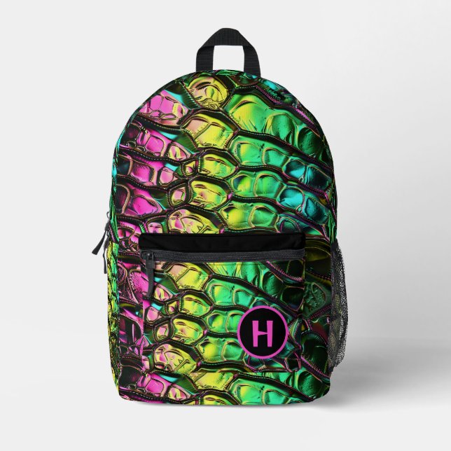 Neon Rainbow Reptile Snake Monogram Printed Backpack (Front)