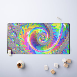 Neon Rainbow Spiral Fractal Abstract Digital Art Desk Mat