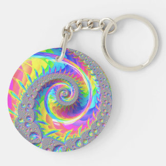 Neon Rainbow Spiral Fractal Abstract Digital Art Key Ring