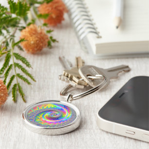 Neon Rainbow Spiral Fractal Abstract Digital Art Key Ring