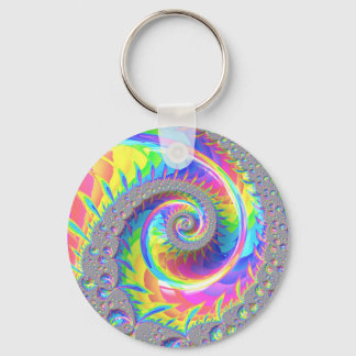 Neon Rainbow Spiral Fractal Abstract Digital Art Key Ring