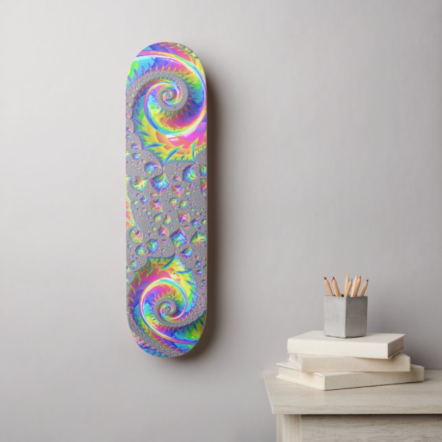 Neon Rainbow Spiral Fractal Abstract Digital Art Skateboard (Wall Art)