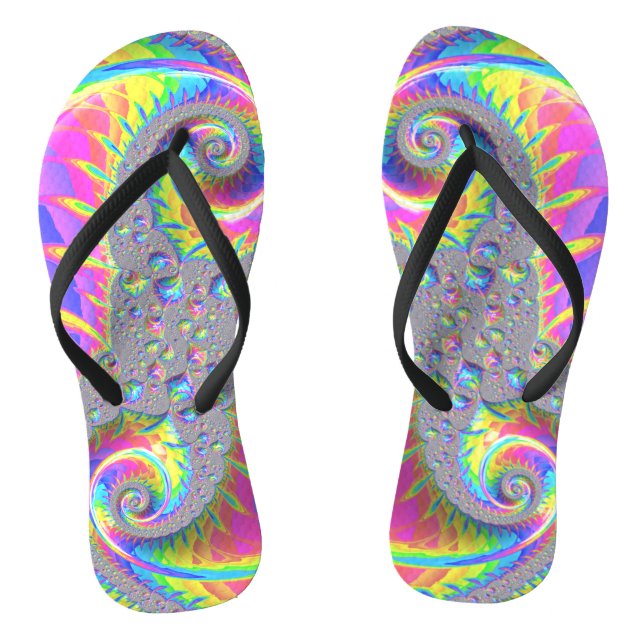 Neon Rainbow Spiral Fractal Abstract Digital Art Thongs (Footbed)