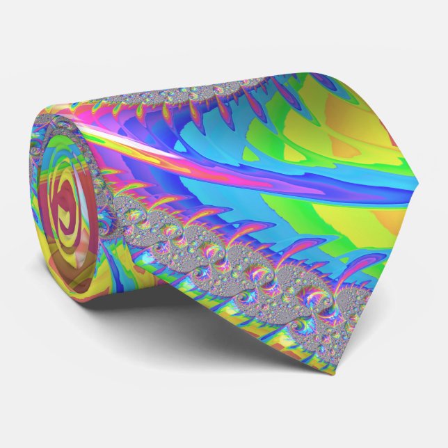 Neon Rainbow Spiral Fractal Abstract Digital Art Tie (Rolled)