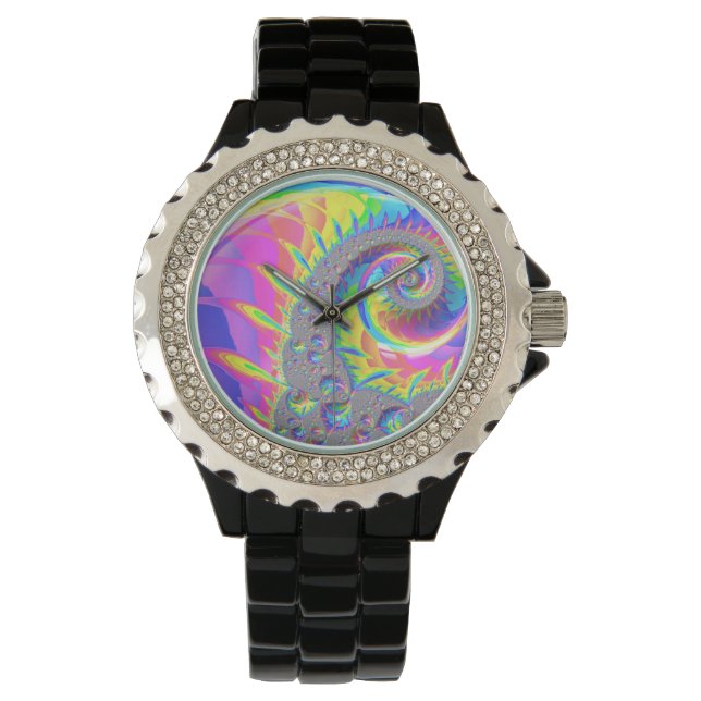 Neon Rainbow Spiral Fractal Abstract Digital Art Watch (Front)