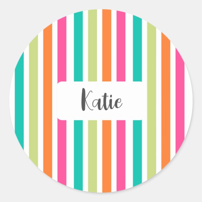 Neon rainbow stripes fun retro  classic round sticker (Front)