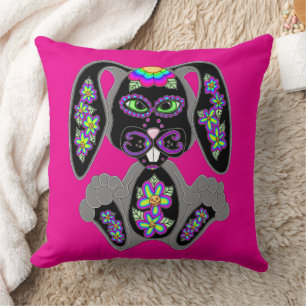 Neon Rainbow Sugar Skull Bunny Cushion