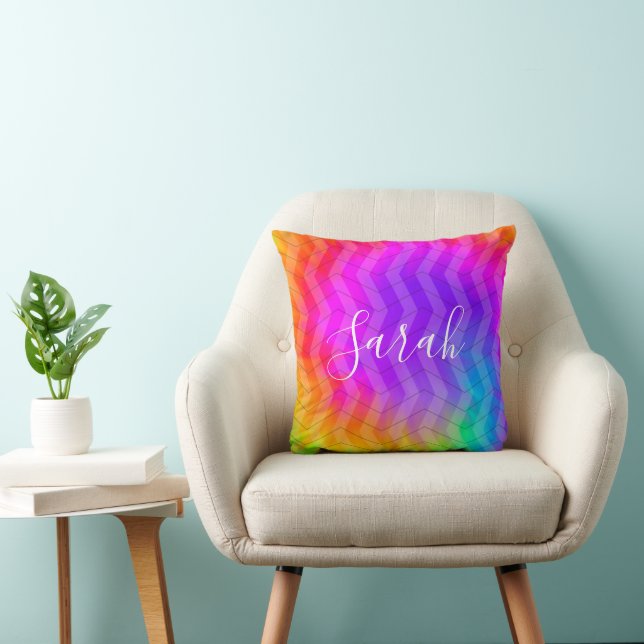 Neon Rainbow Tie Dye Herringbone Monogram Name Cushion (Chair)