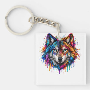 Neon Rainbow Wolf Head – Colorful Splash Art Key Ring