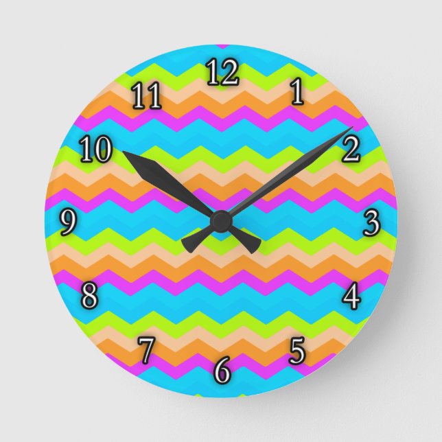 Neon Rainbow Zigzag Round Clock (Front)