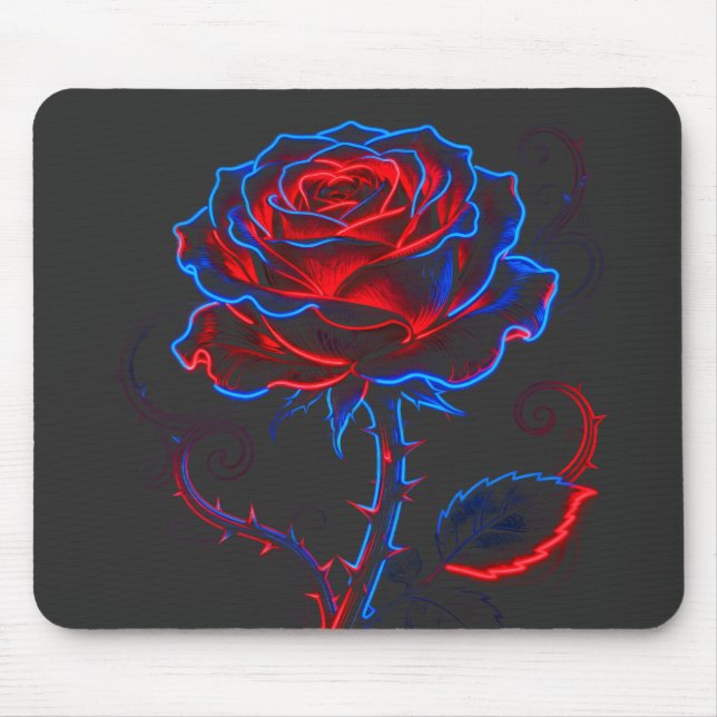 Neon Red & Blue Rose Mousepad (Front)