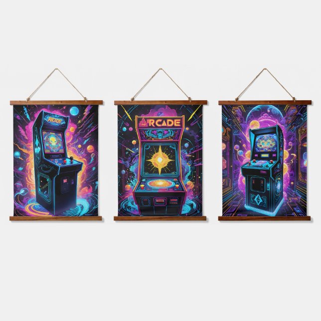 Neon Retro 80s Arcade Game Hanging Tapestry (Triple)