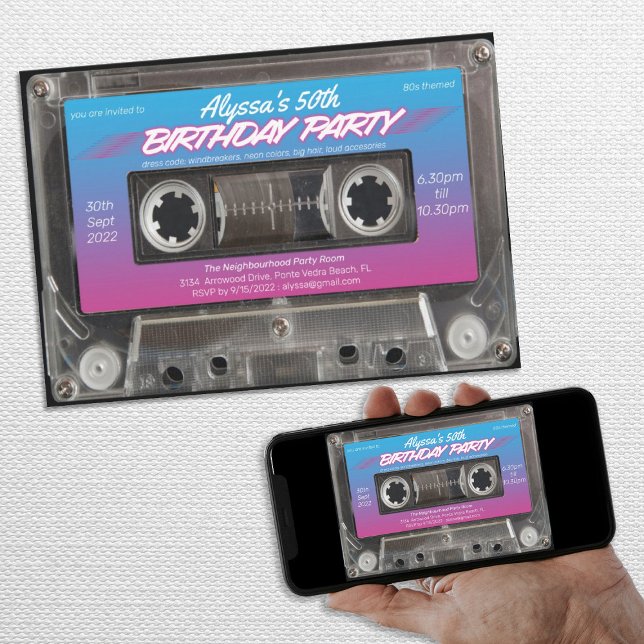 Neon Retro 80s Cassette 50th Birthday Party Invitation (Neon Retro 80s Cassette 50th Birthday Party Invitation)