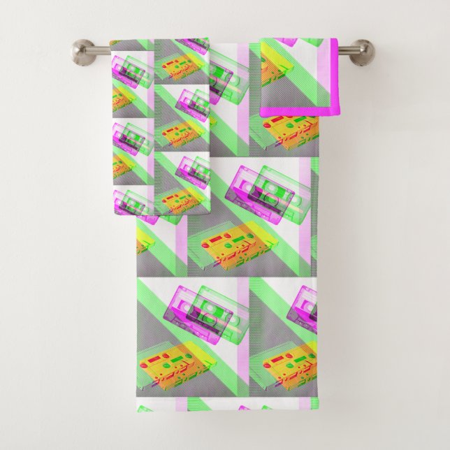 Neon Retro Cassette Tapes Bath Towel Set (Insitu)
