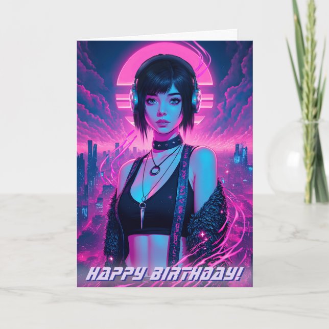Neon Retro Cyber Punk Rock Girl Card (Front)