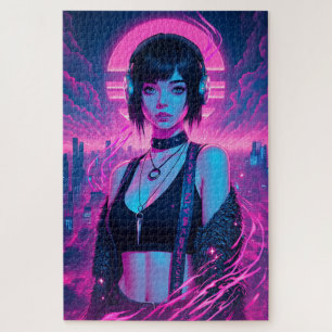 Neon Retro Cyber Punk Rock Girl Poster Jigsaw Puzzle