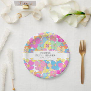 Neon Retro Floral Pink Colorful Bridal Shower Paper Plate