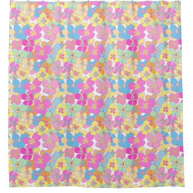 Neon Retro Floral Pink Dorm Room Shower Curtain (Front)