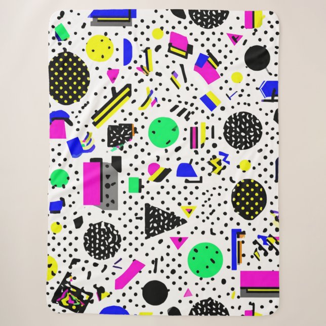 Neon Retro Memphis Geometric Chaos Pattern Sherpa Blanket (Front)