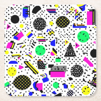 Neon Retro Memphis Geometric Chaos Pattern Square Paper Coaster