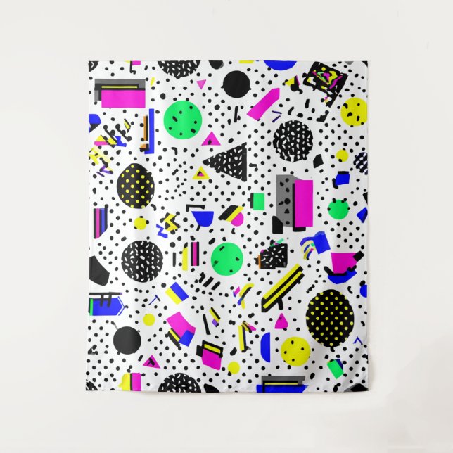Neon Retro Memphis Geometric Chaos Pattern Tapestry (Front)