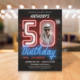 Neon Retro Photo Surprise 50th Birthday Party Invitation