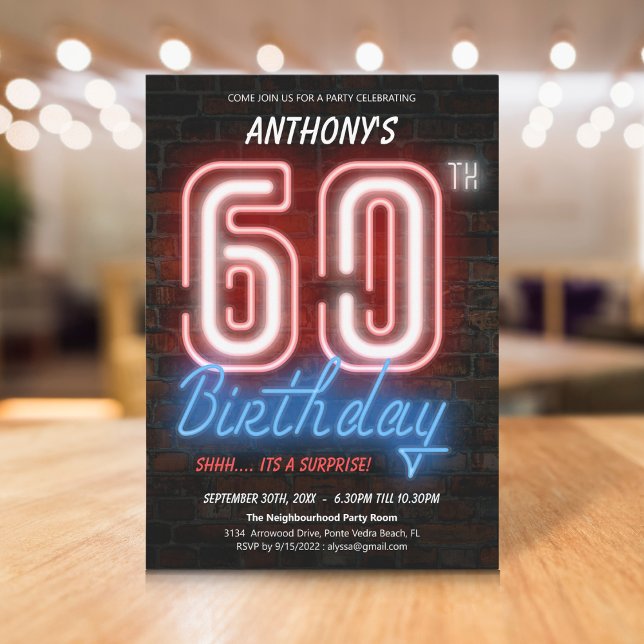 Neon Retro Surprise 60th Birthday  Invitation (Neon Retro Surprise 60th Birthday Invitation)