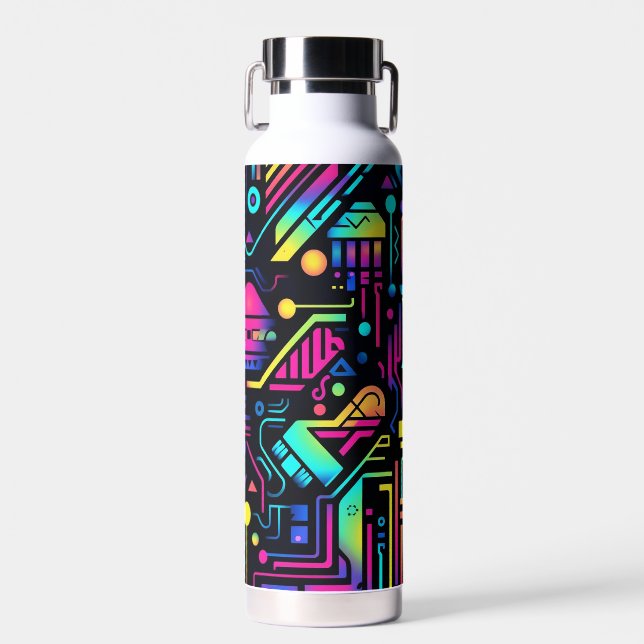 Neon Retro Tech Pattern Water Bottle or Tumbler (Front)