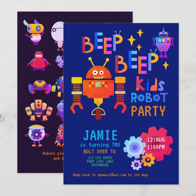 NEON ROBOT 2nd Birthday Party Boy Girl Funny Invitation (Front/Back)
