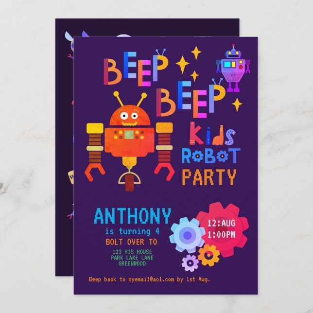 Neon ROBOT PARTY Kids Birthday Boys Girls Themed Invitation (Front/Back)