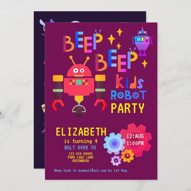 Neon ROBOT PARTY Kids Birthday Pink Girls Costume Invitation (Front/Back)